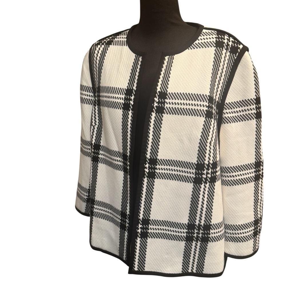 NWOT ANNE KLEIN Ivory Black Plaid Modern Collarless Blazer Jacket Size 8 Lined
